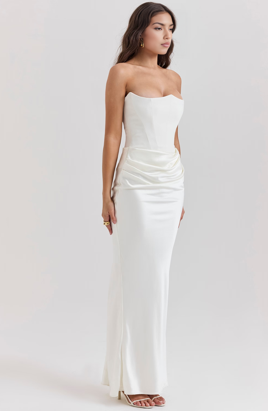 STRAPLESS CORSET SATIN WEDDING GUEST MAXI DRESS
