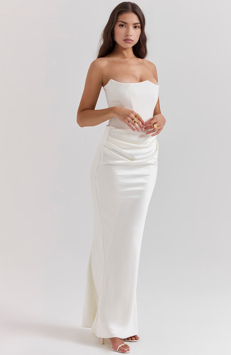 STRAPLESS CORSET SATIN WEDDING GUEST MAXI DRESS