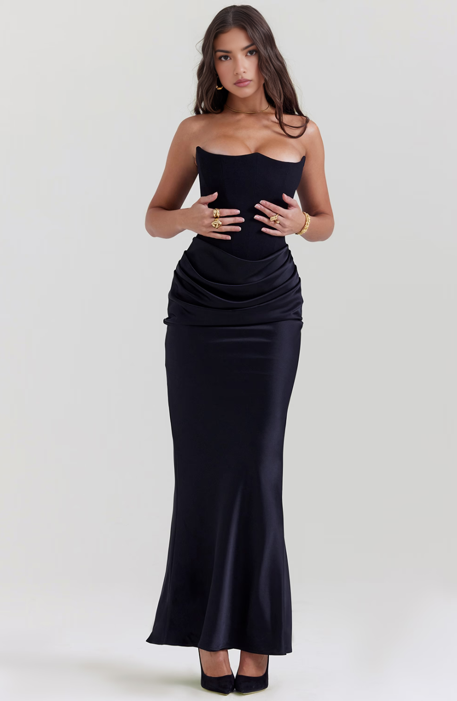 STRAPLESS CORSET SATIN WEDDING GUEST MAXI DRESS