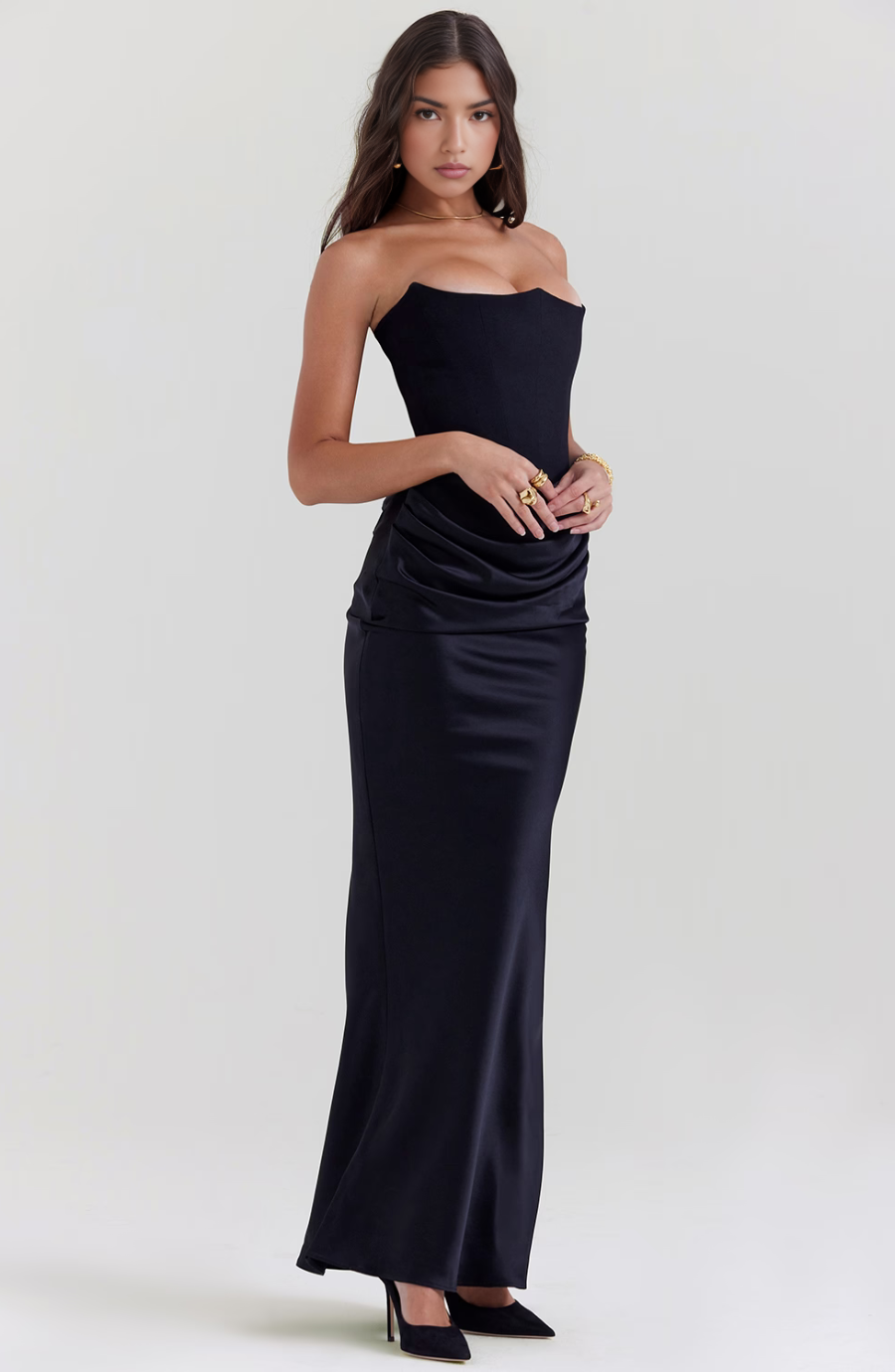 STRAPLESS CORSET SATIN WEDDING GUEST MAXI DRESS
