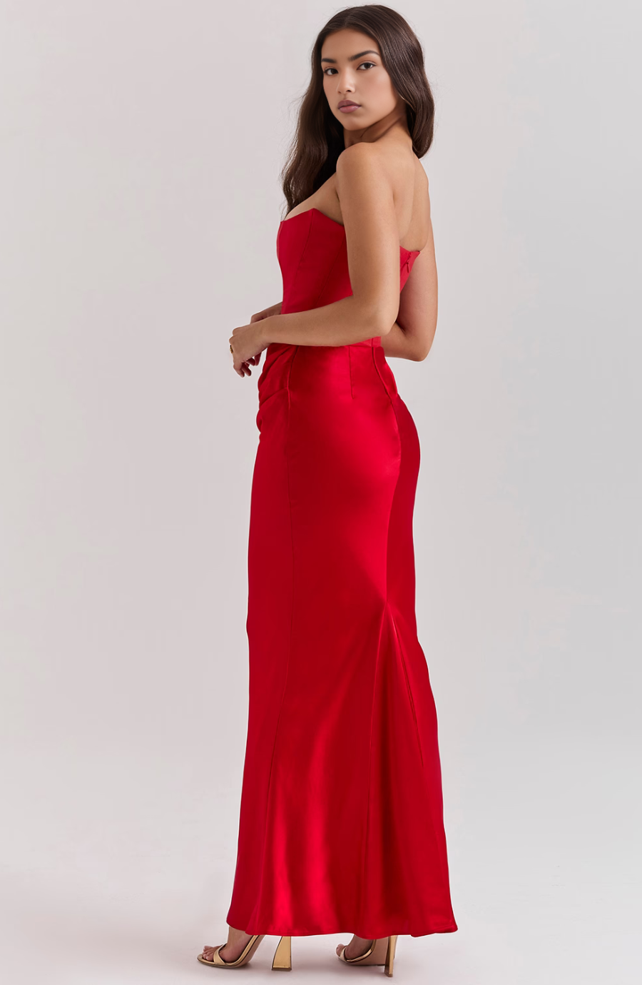STRAPLESS CORSET SATIN WEDDING GUEST MAXI DRESS