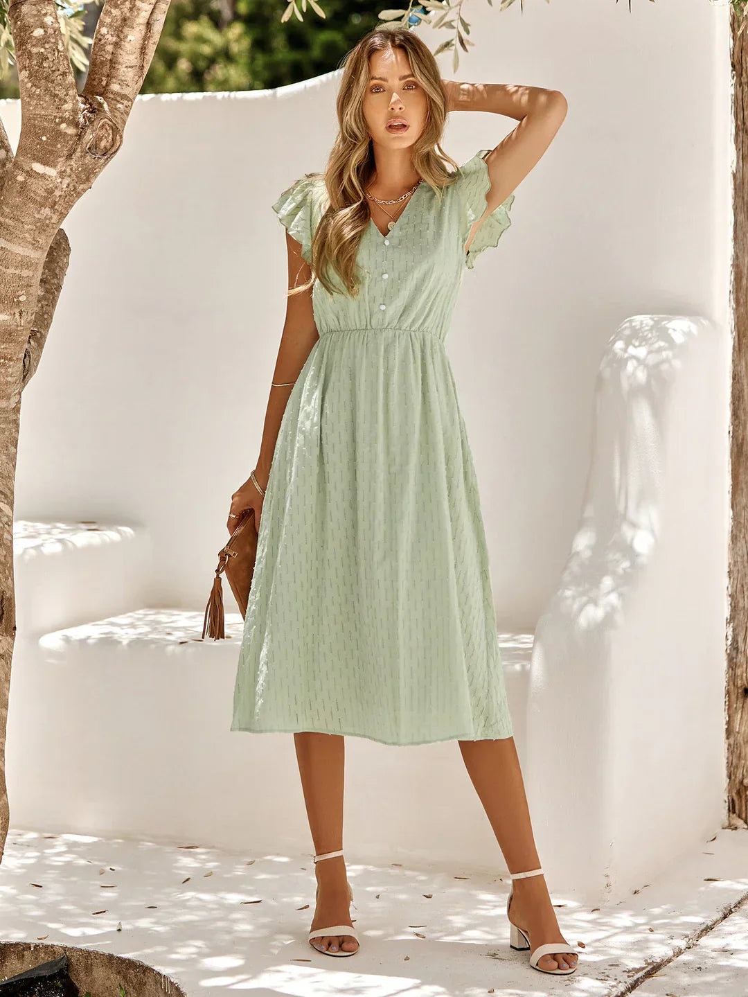 Women's Summer Midi Dress With V-neck & Ruffle Sleeves