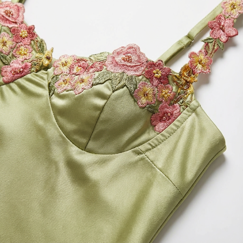 Flora | Women's Green Maxi Dress With Embroidered Bodice And Thin Straps | Romantic