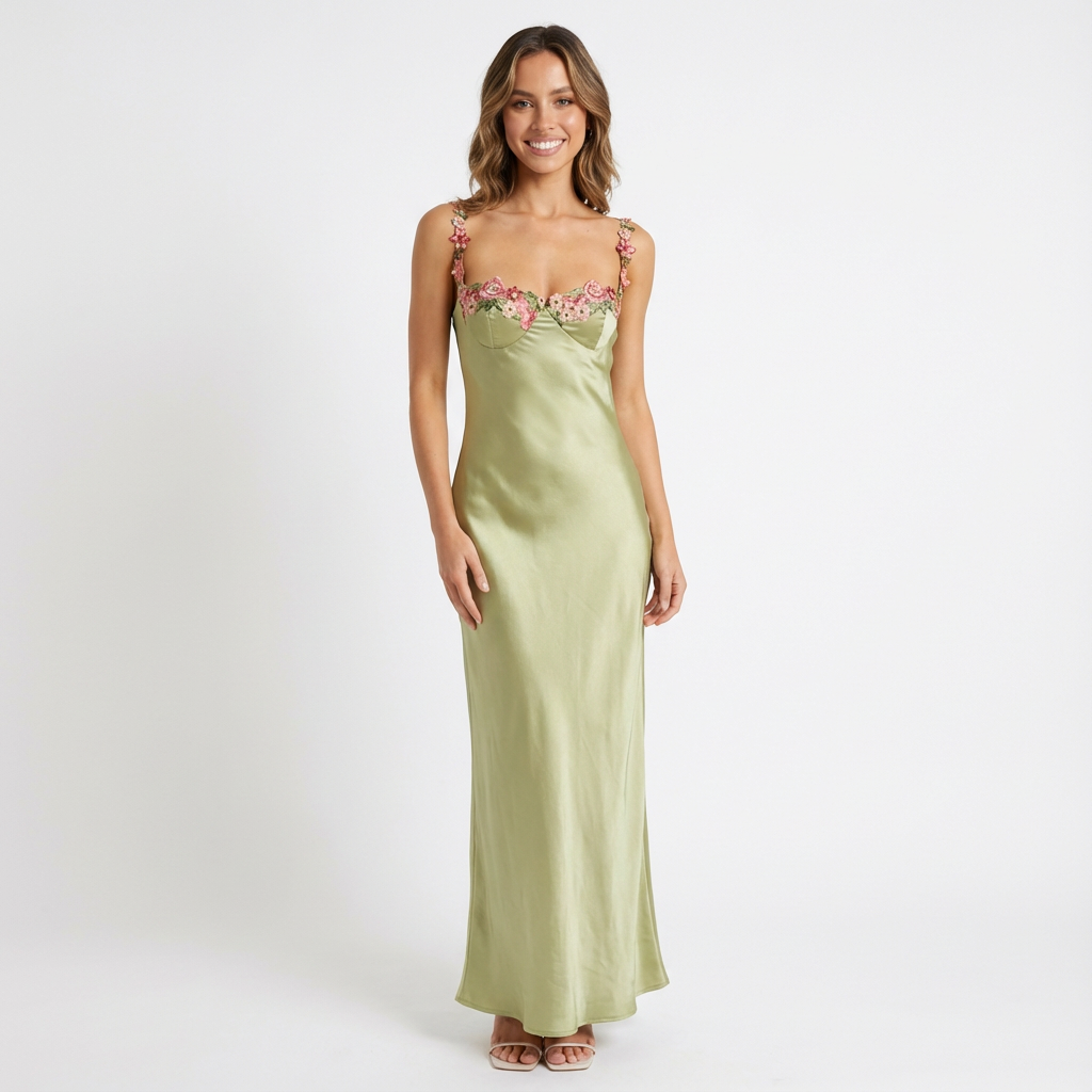 Flora | Women's Green Maxi Dress With Embroidered Bodice And Thin Straps | Romantic