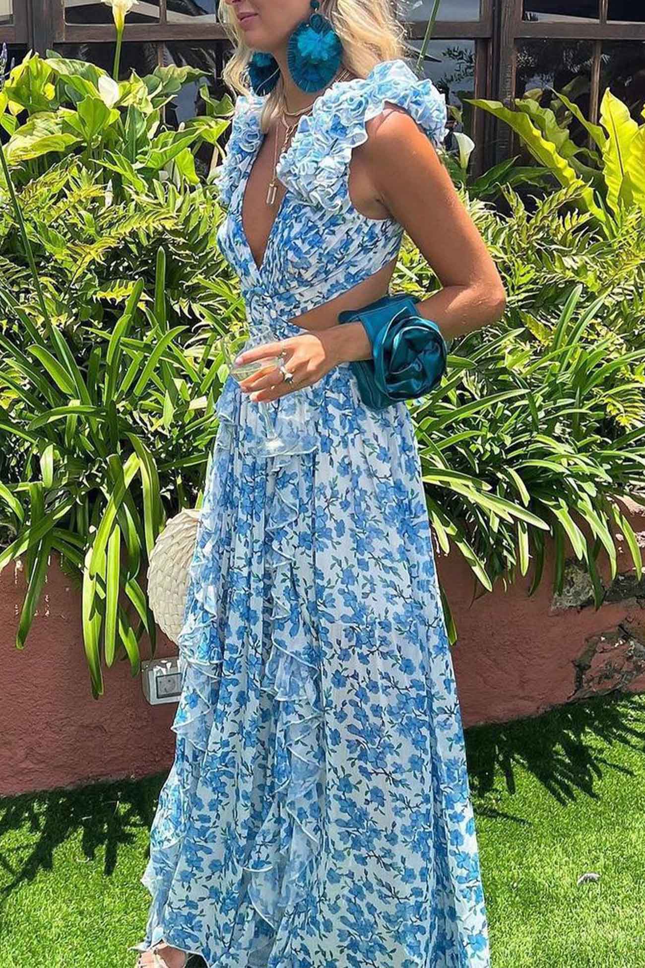 Women's Floral Maxi Dress With Cut-out Waist & Ruffled Shoulders