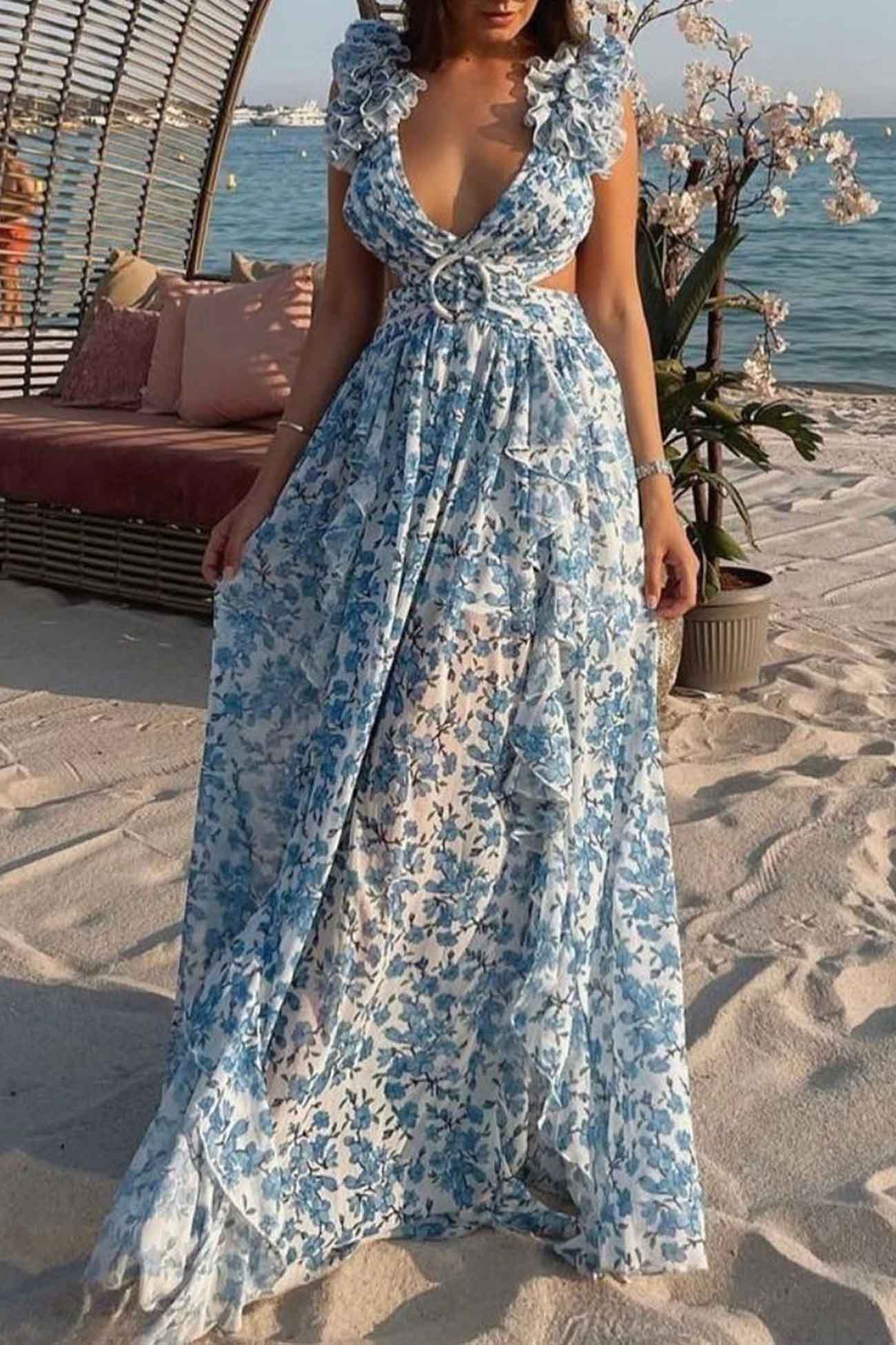 Women's Floral Maxi Dress With Cut-out Waist & Ruffled Shoulders