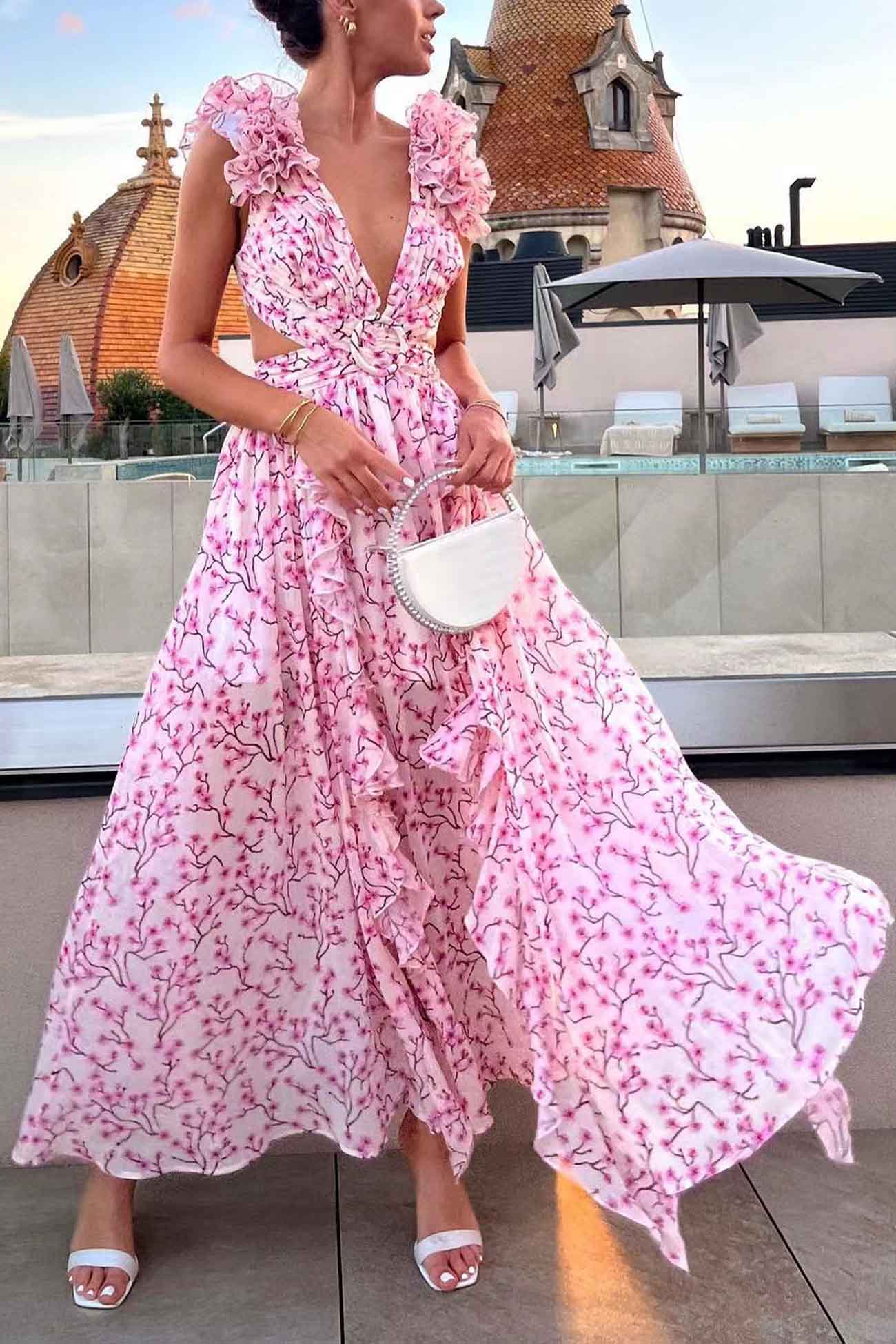 Women's Floral Maxi Dress With Cut-out Waist & Ruffled Shoulders