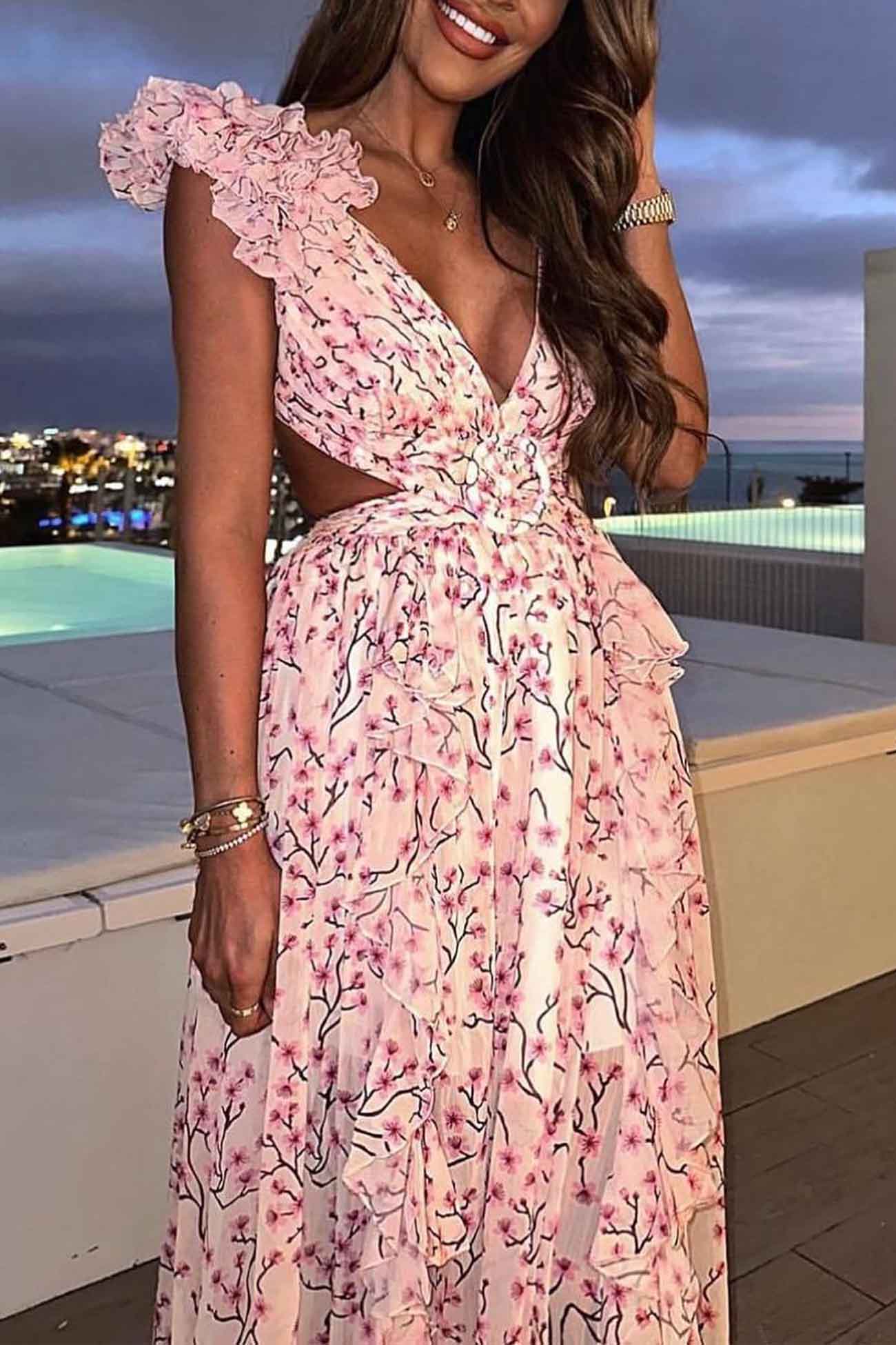 Women's Floral Maxi Dress With Cut-out Waist & Ruffled Shoulders