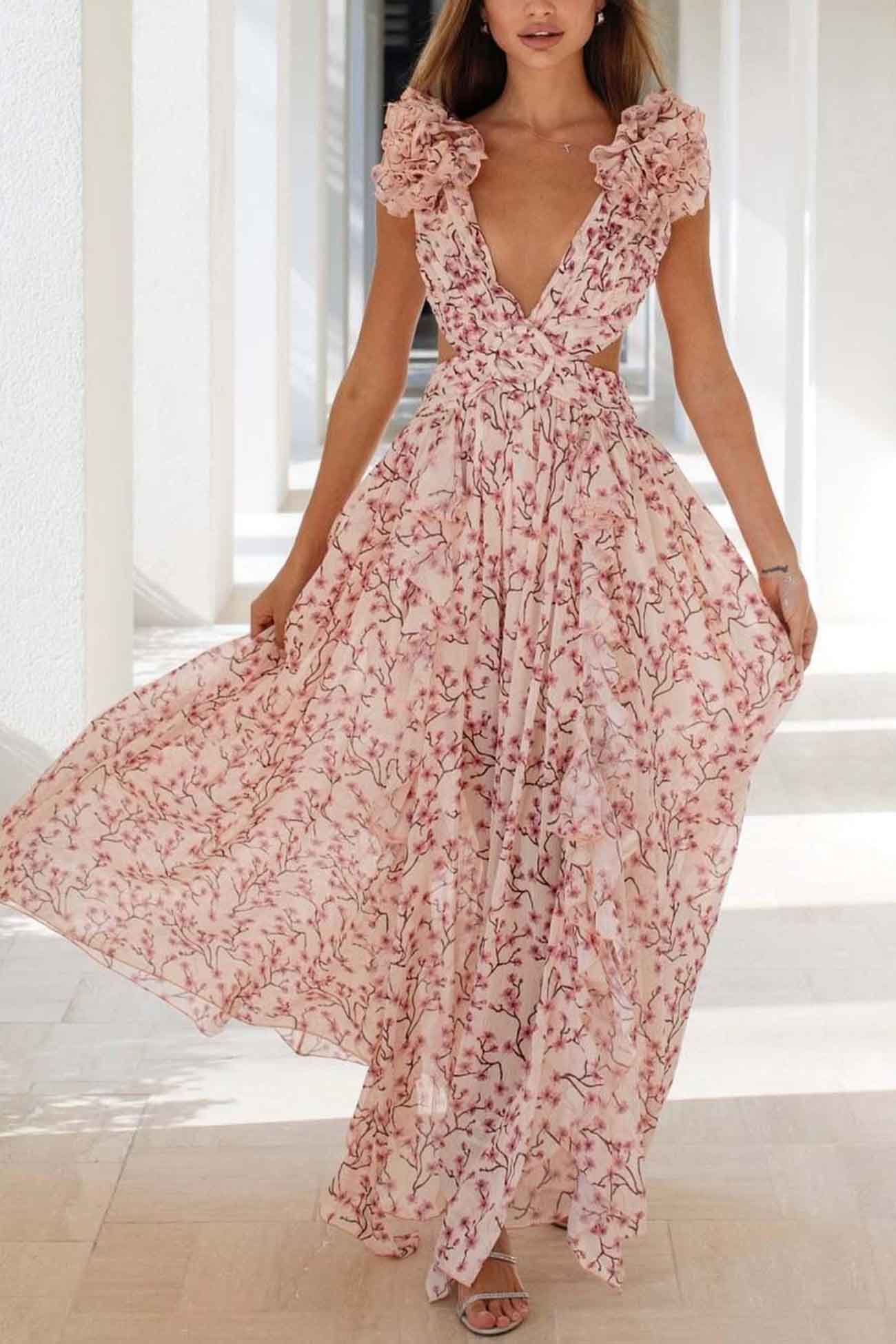 Women's Floral Maxi Dress With Cut-out Waist & Ruffled Shoulders