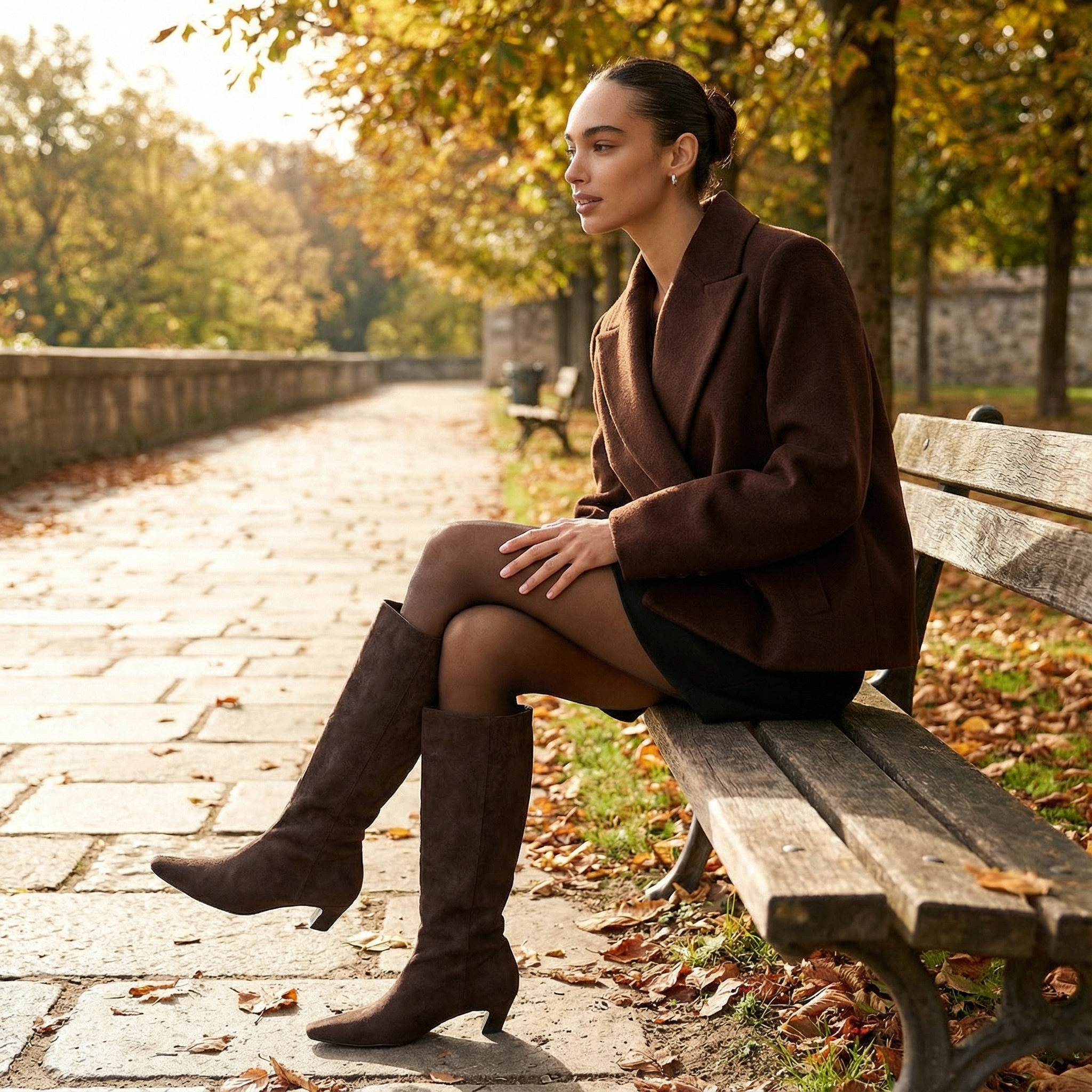 Florence | Women's Brown Knee-High Boots With Square Toe And Cone Heel | Elegant
