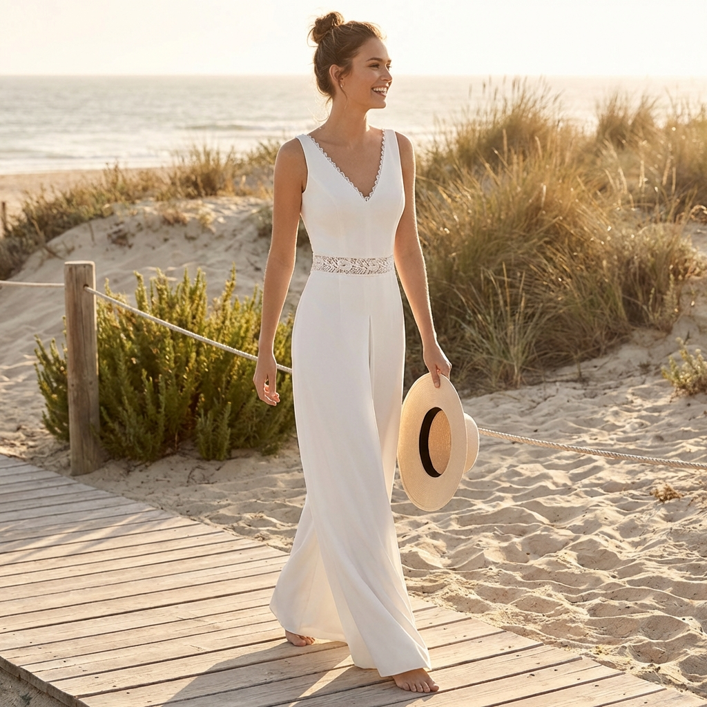 Florence | Women's White Jumpsuit With V-Neck And Wide-Leg Trousers | Classic