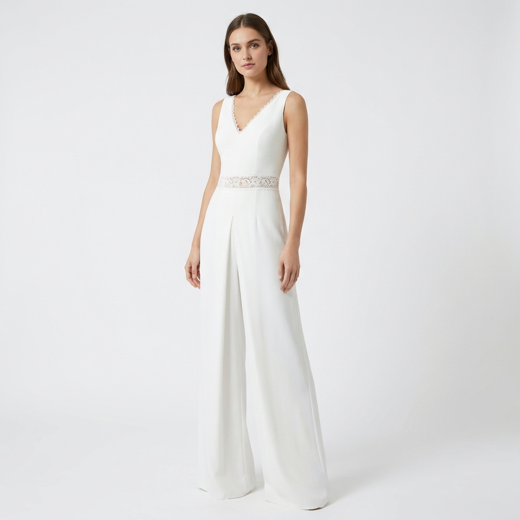 Florence | Women's White Jumpsuit With V-Neck And Wide-Leg Trousers | Classic