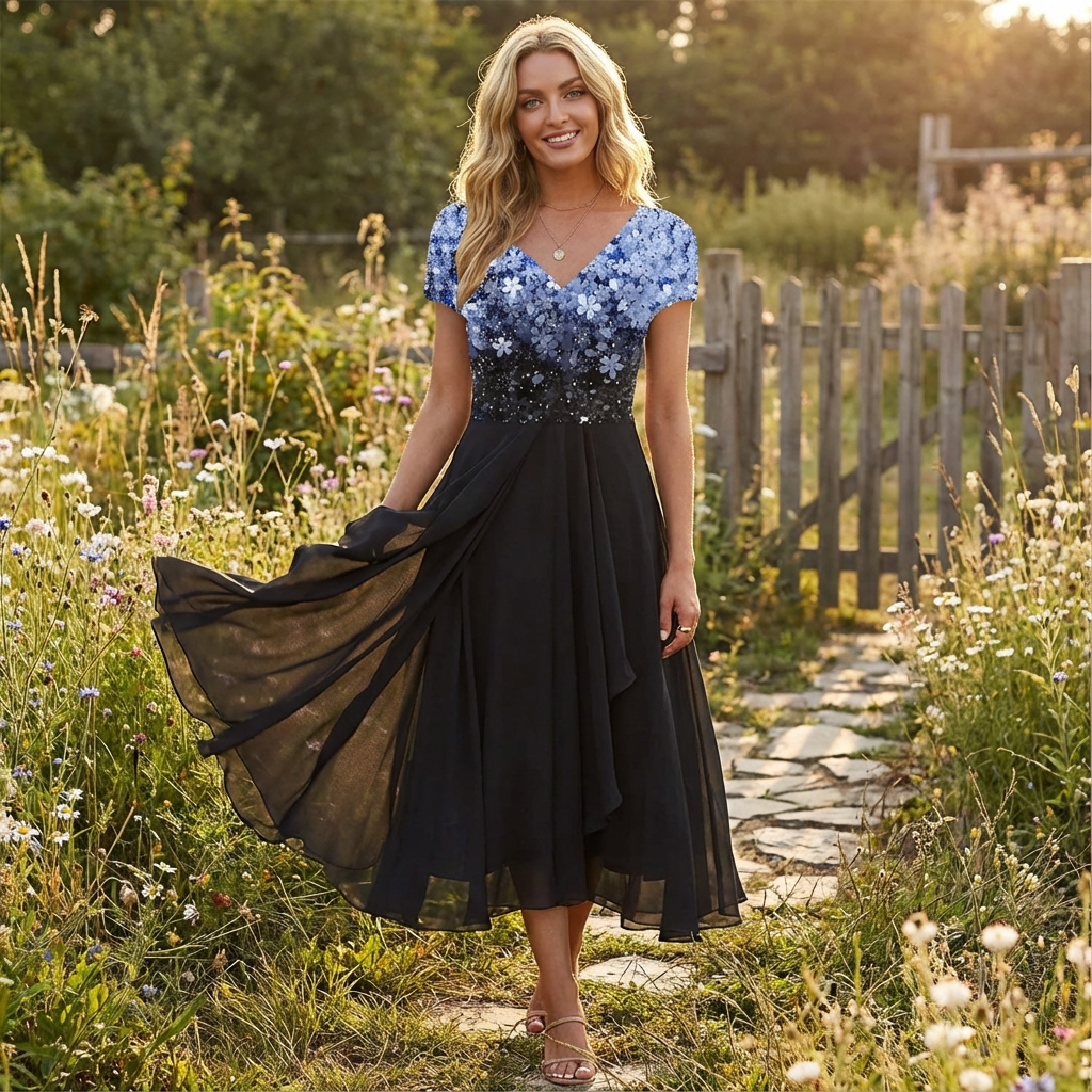 Florence | Women's Midi Dress With V-Neckline And Floral Bodice | Elegant