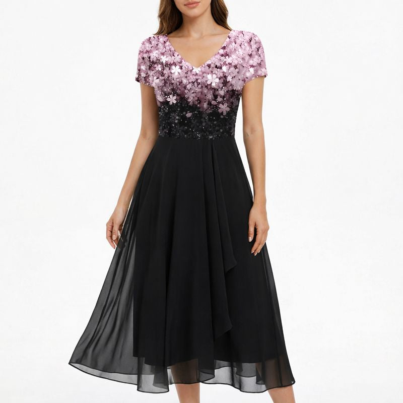 Florence | Women's Midi Dress With V-Neckline And Floral Bodice | Elegant