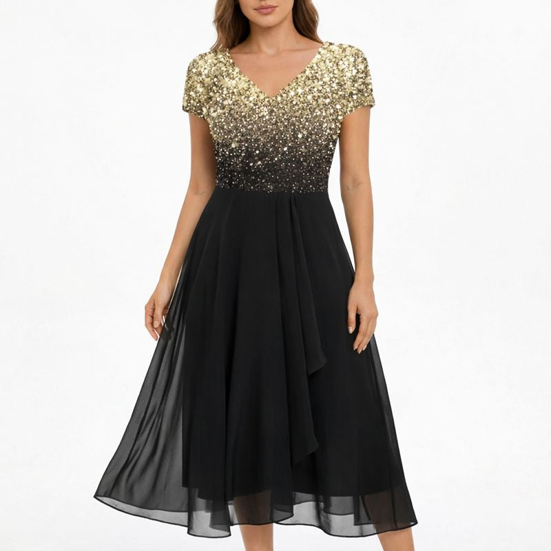 Florence | Women's Midi Dress With V-Neckline And Floral Bodice | Elegant
