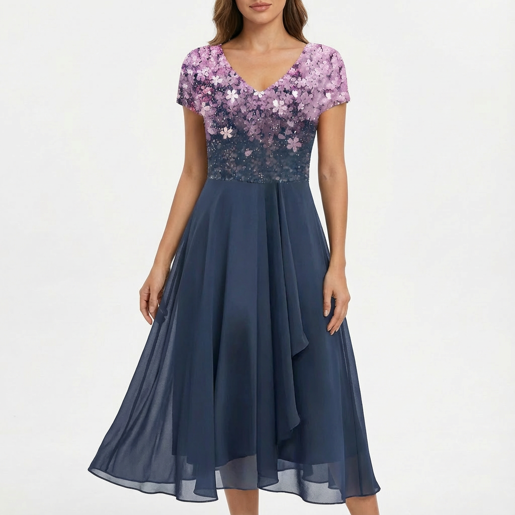 Florence | Women's Midi Dress With V-Neckline And Floral Bodice | Elegant