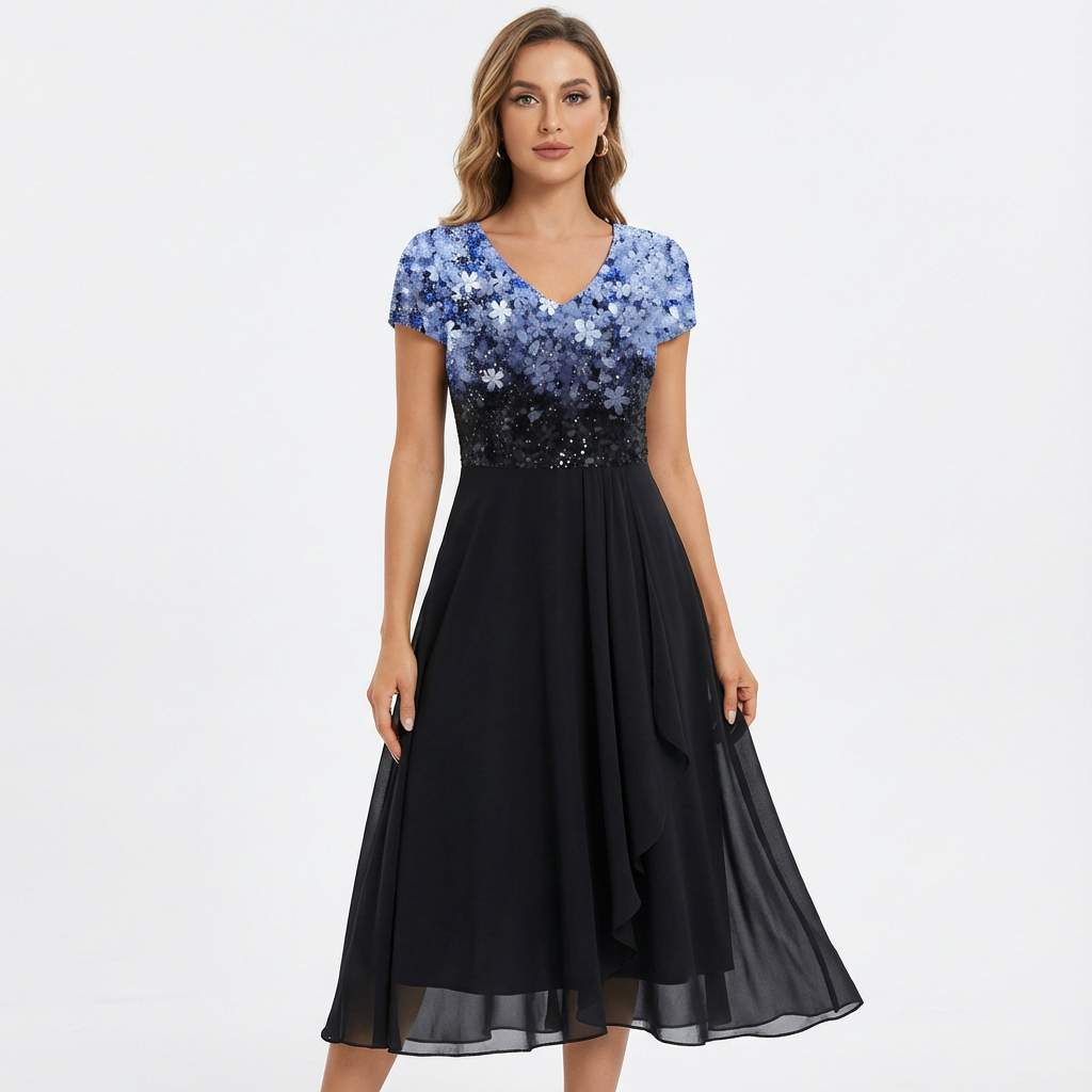 Florence | Women's Midi Dress With V-Neckline And Floral Bodice | Elegant