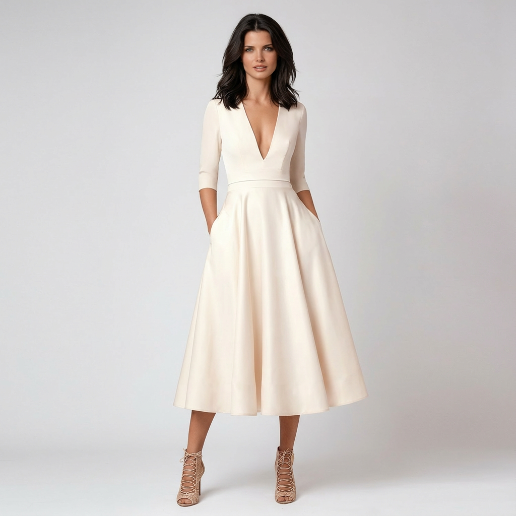 Florence | Women's White Midi Dress With Plunge Neck And Full Skirt | Classic