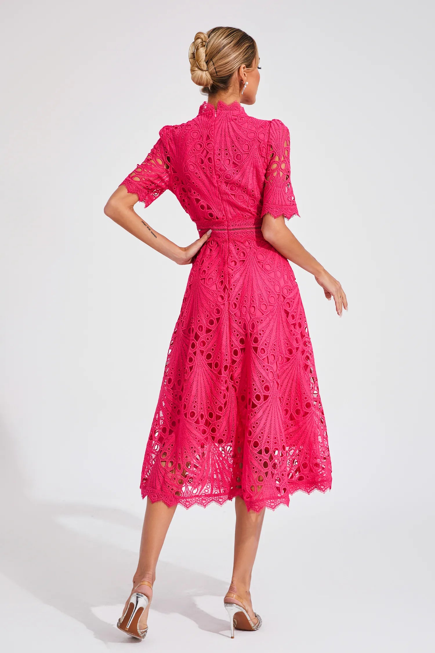 Women's Lace Midi Dress With High Neck And Short Sleeves
