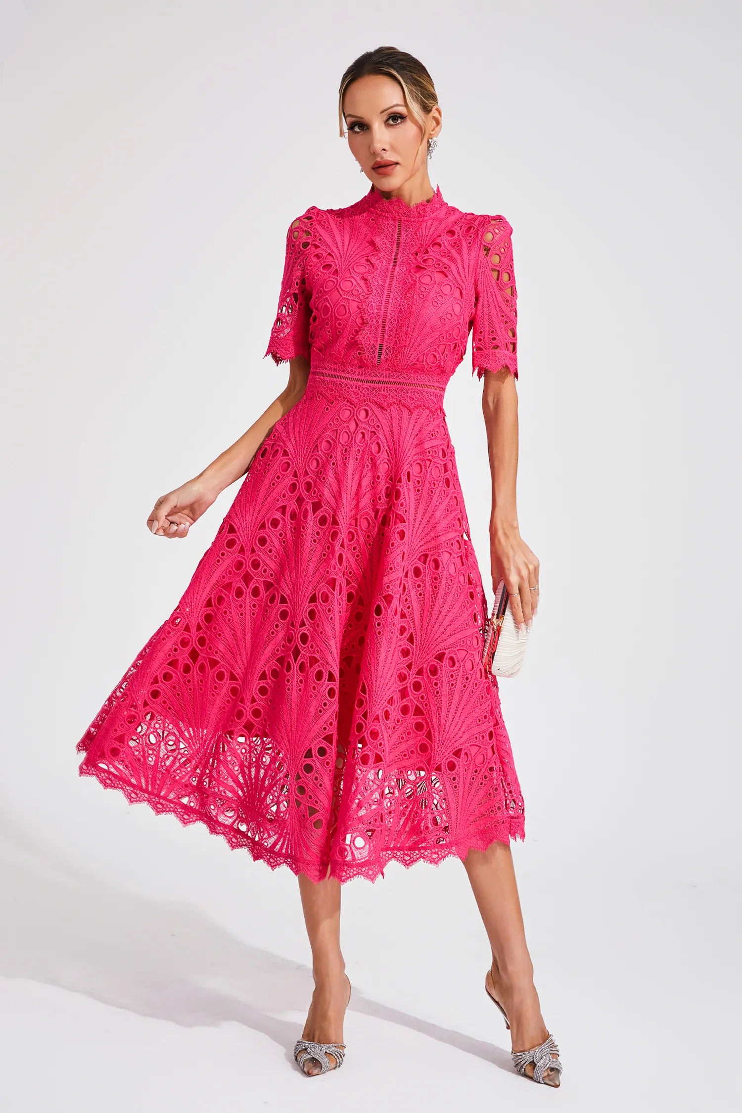 Women's Lace Midi Dress With High Neck And Short Sleeves