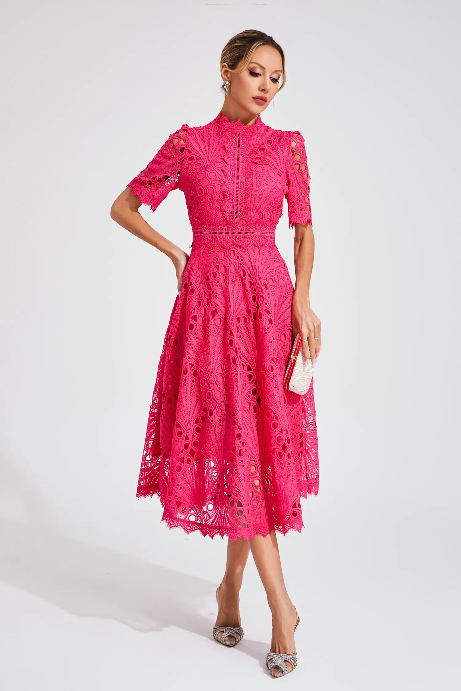 Women's Lace Midi Dress With High Neck And Short Sleeves