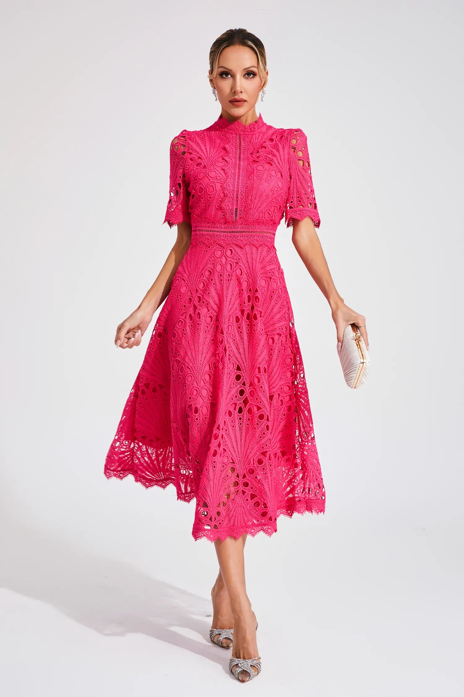 Women's Lace Midi Dress With High Neck And Short Sleeves