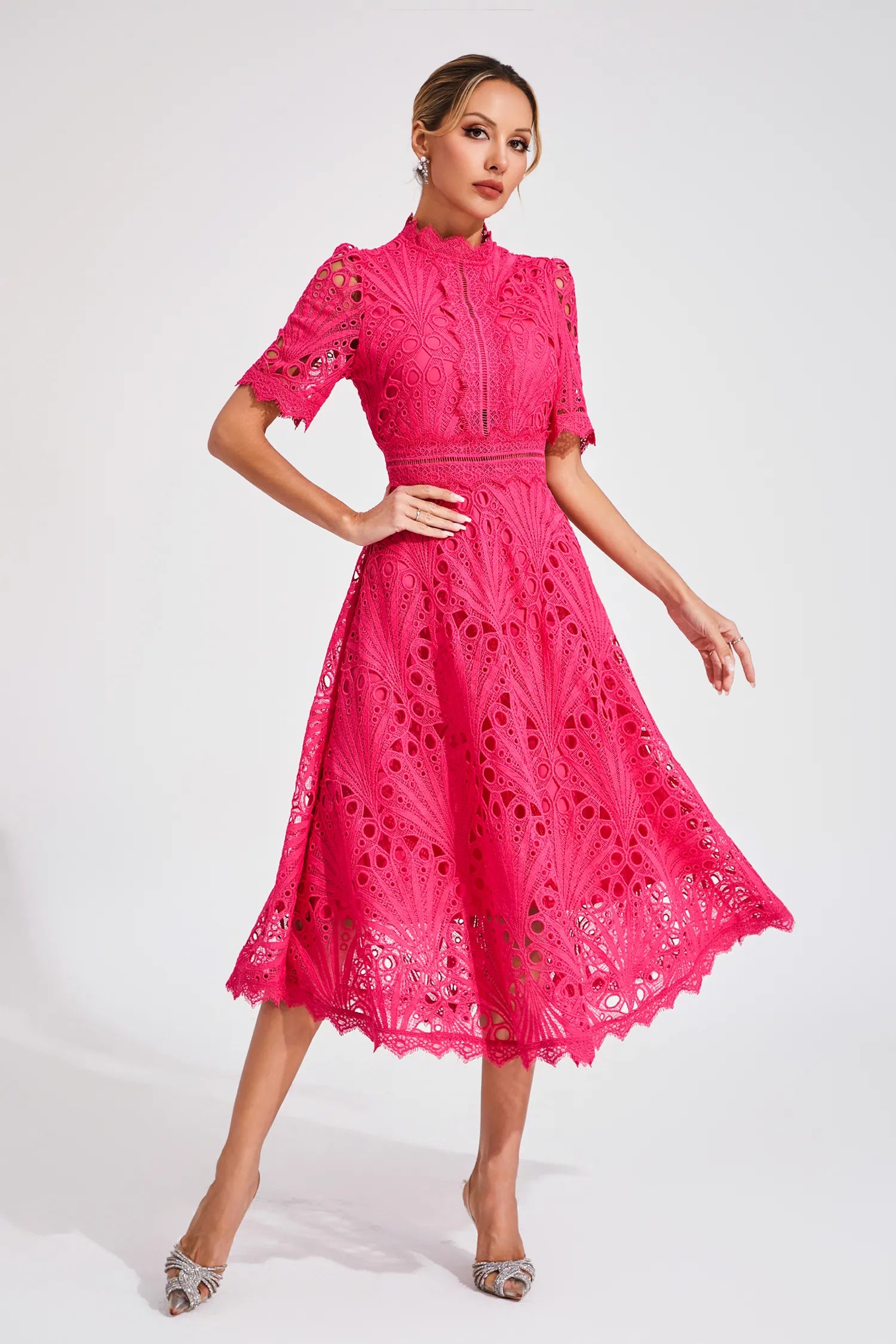 Women's Lace Midi Dress With High Neck And Short Sleeves