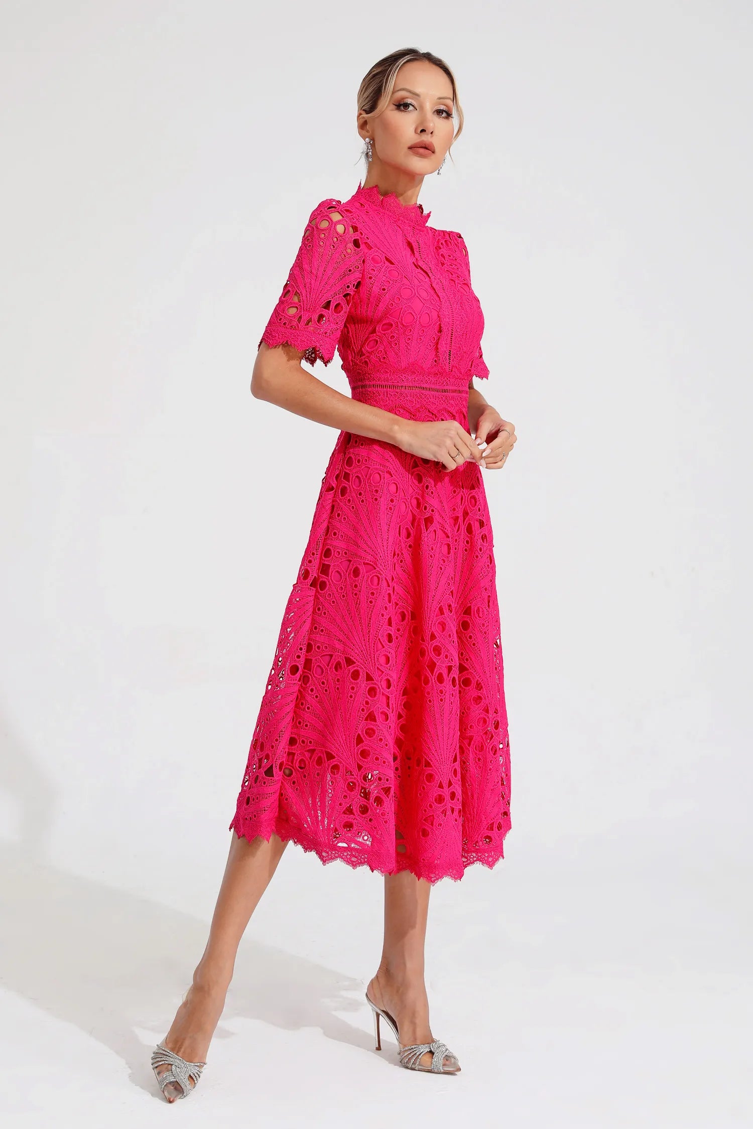 Women's Lace Midi Dress With High Neck And Short Sleeves