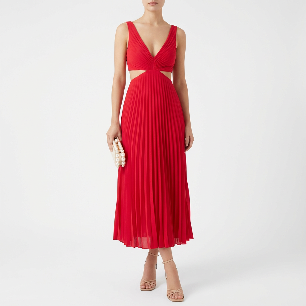 Freya | Women's Midi Dress With Deep V-Neck And Accordion Pleats | Romantic