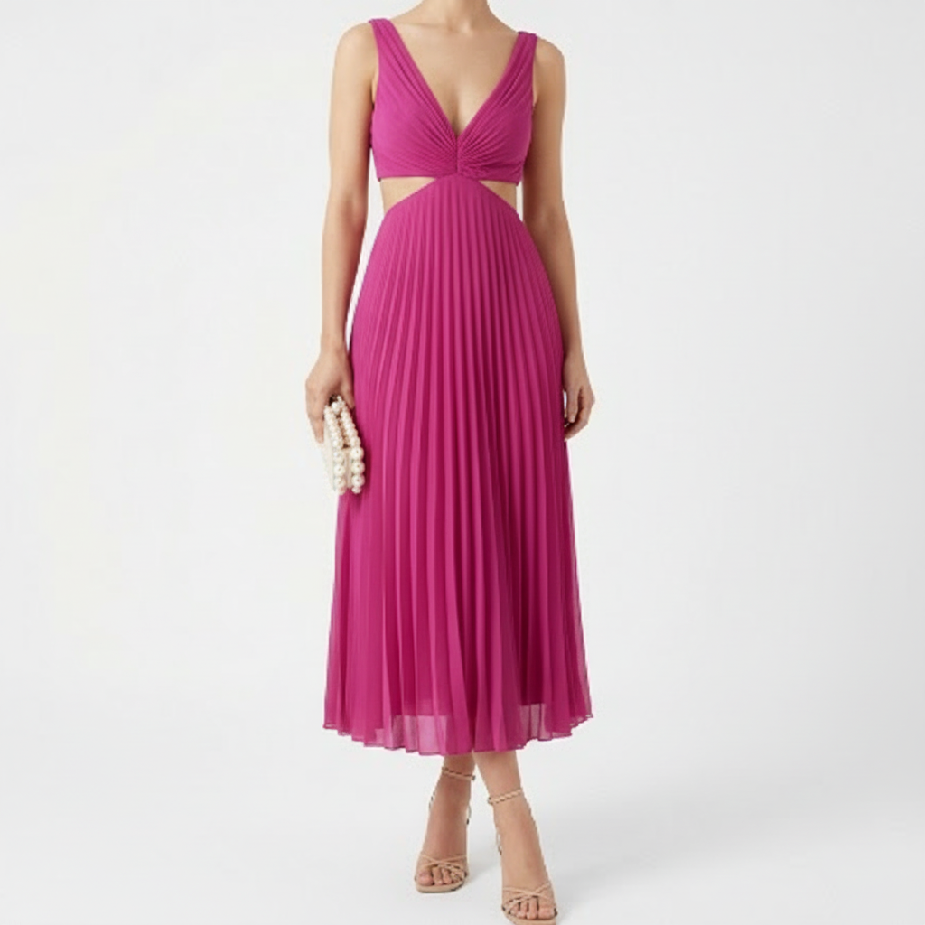 Freya | Women's Midi Dress With Deep V-Neck And Accordion Pleats | Romantic