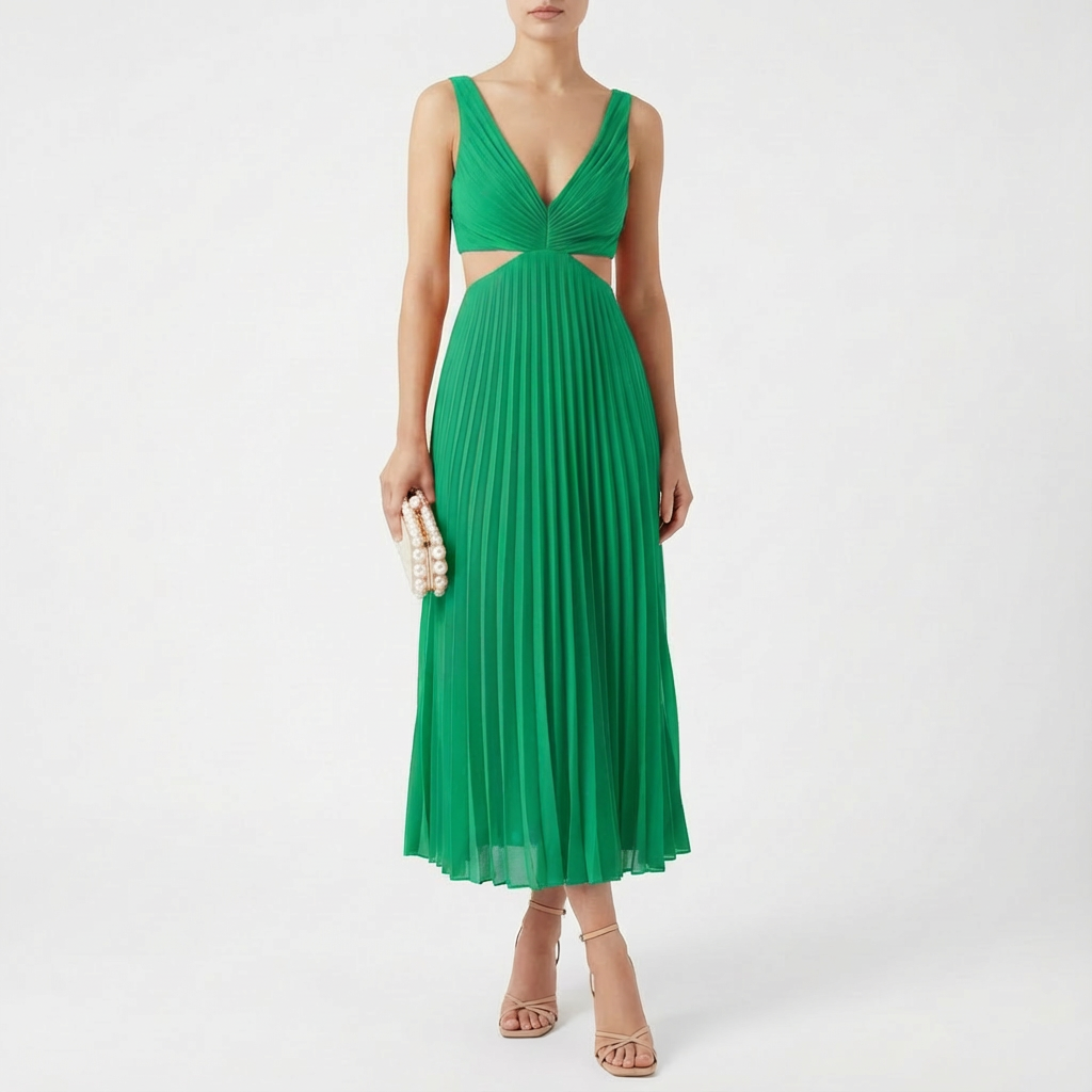 Freya | Women's Midi Dress With Deep V-Neck And Accordion Pleats | Romantic