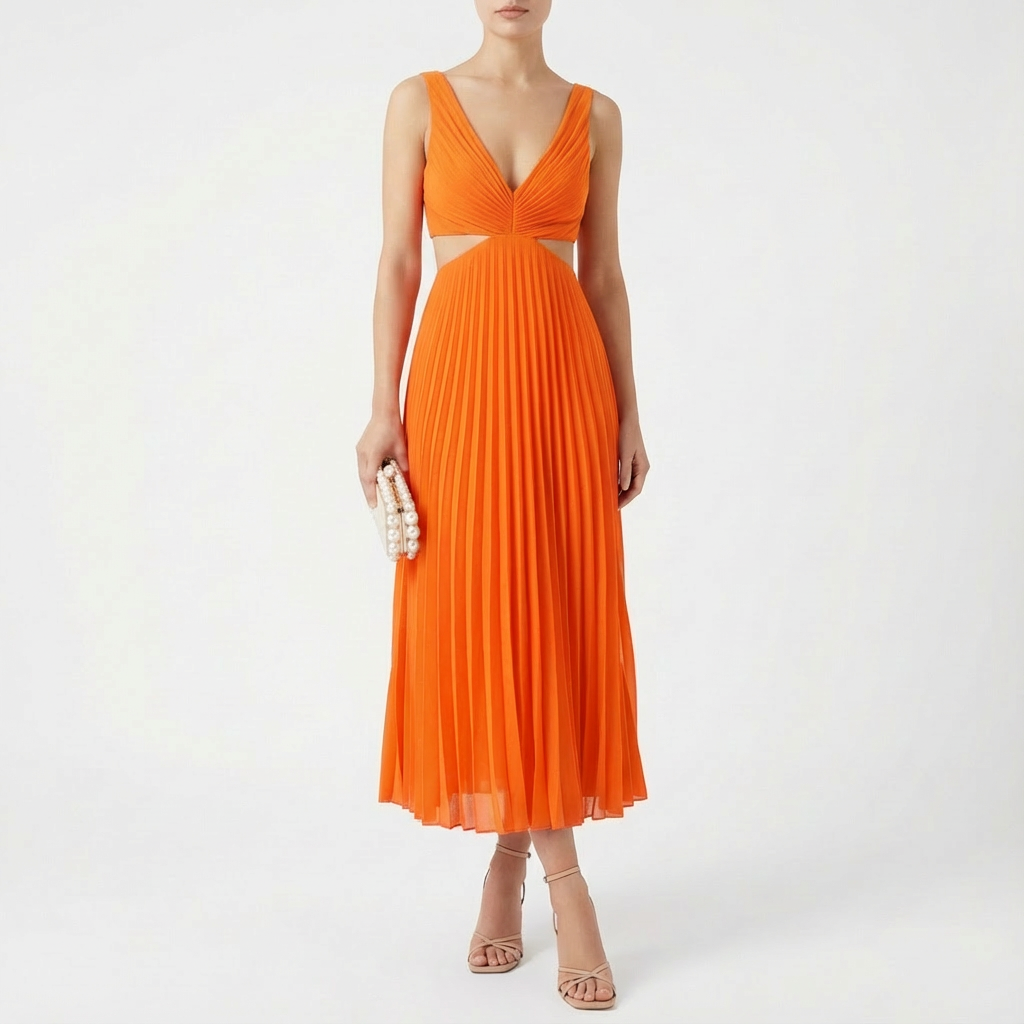 Freya | Women's Midi Dress With Deep V-Neck And Accordion Pleats | Romantic