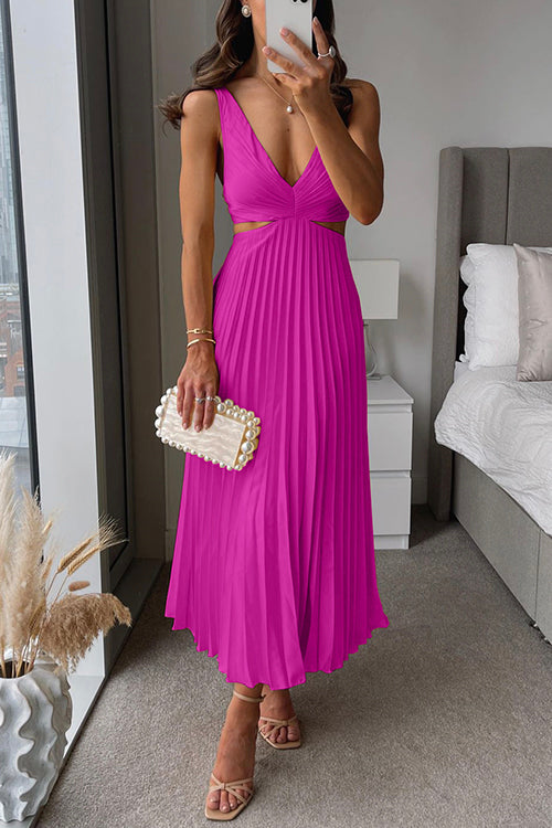 Women's Elegant Pleated Midi Dress With V-neck