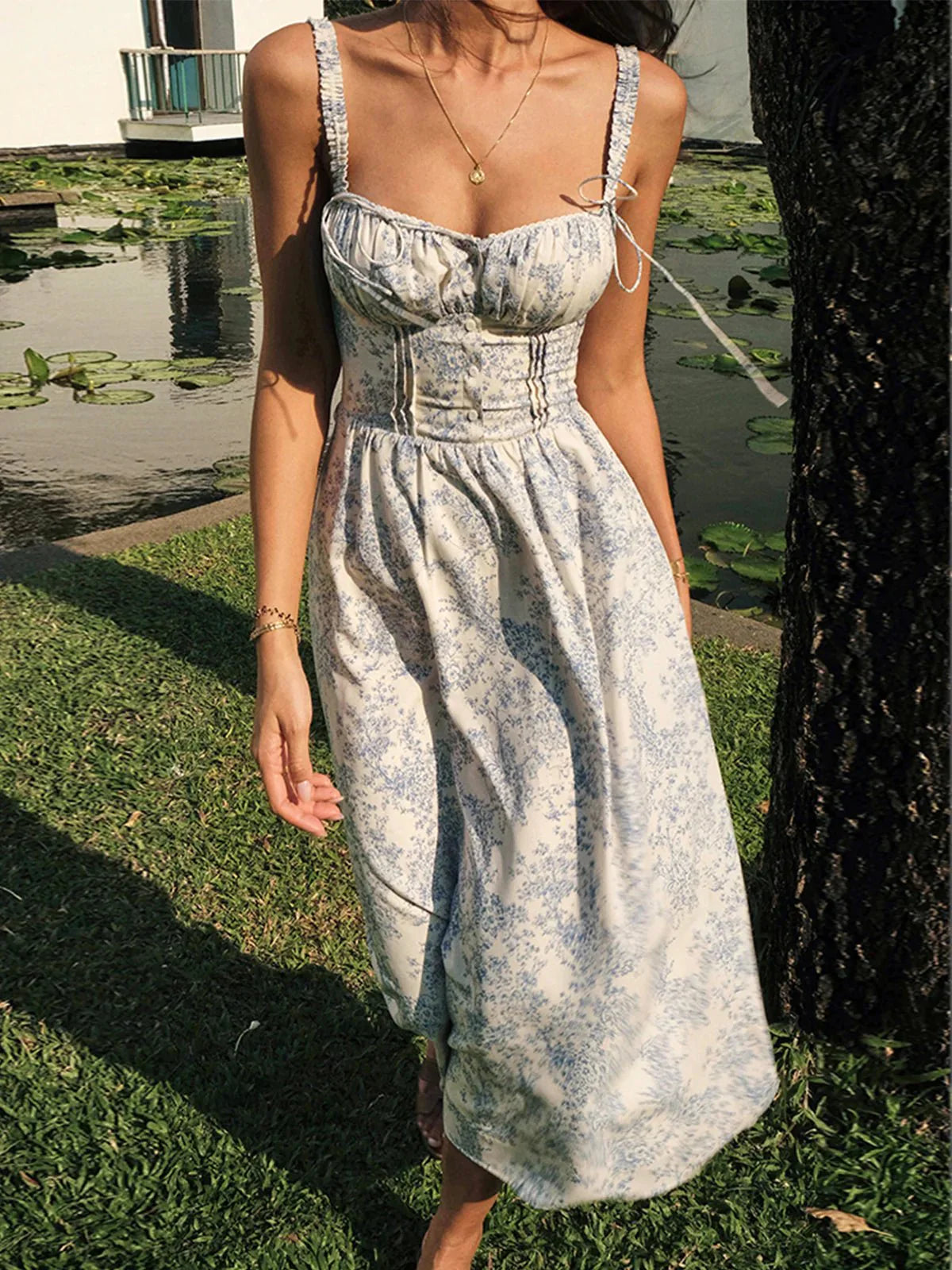 Women's Floral Midi Summer Dress With Corset Waist And Tie Straps