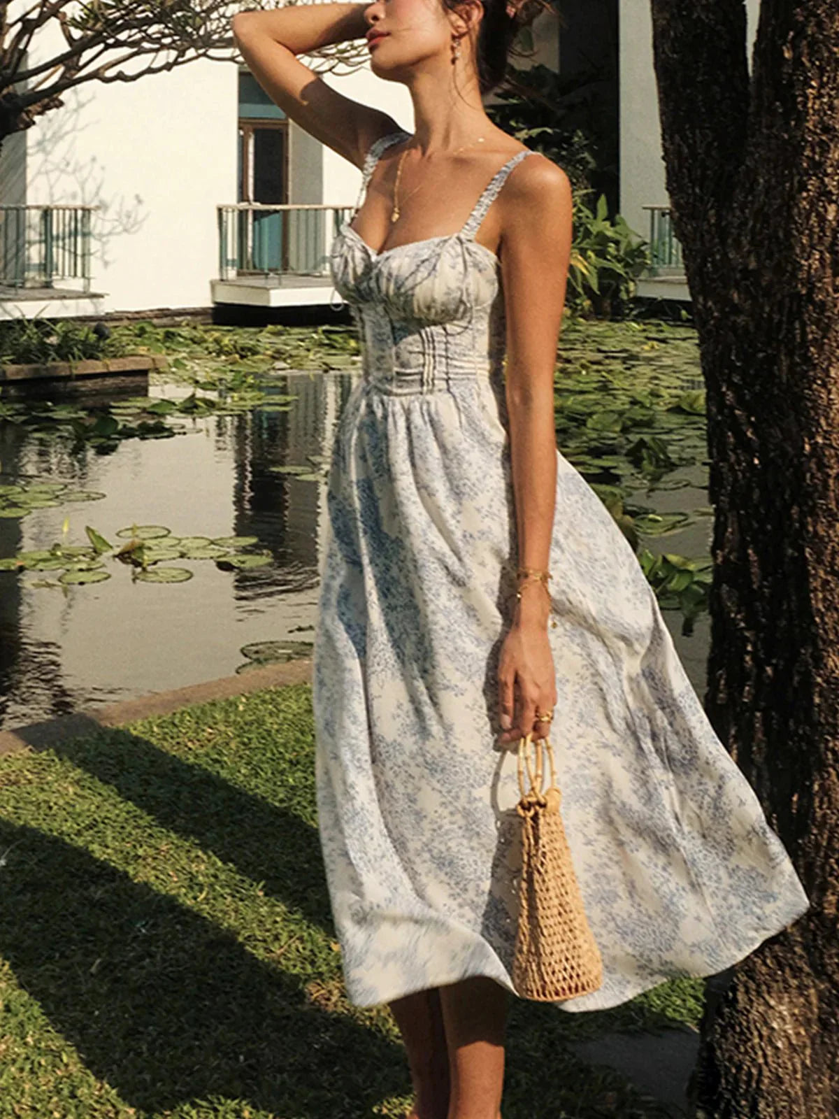 Women's Floral Midi Summer Dress With Corset Waist And Tie Straps