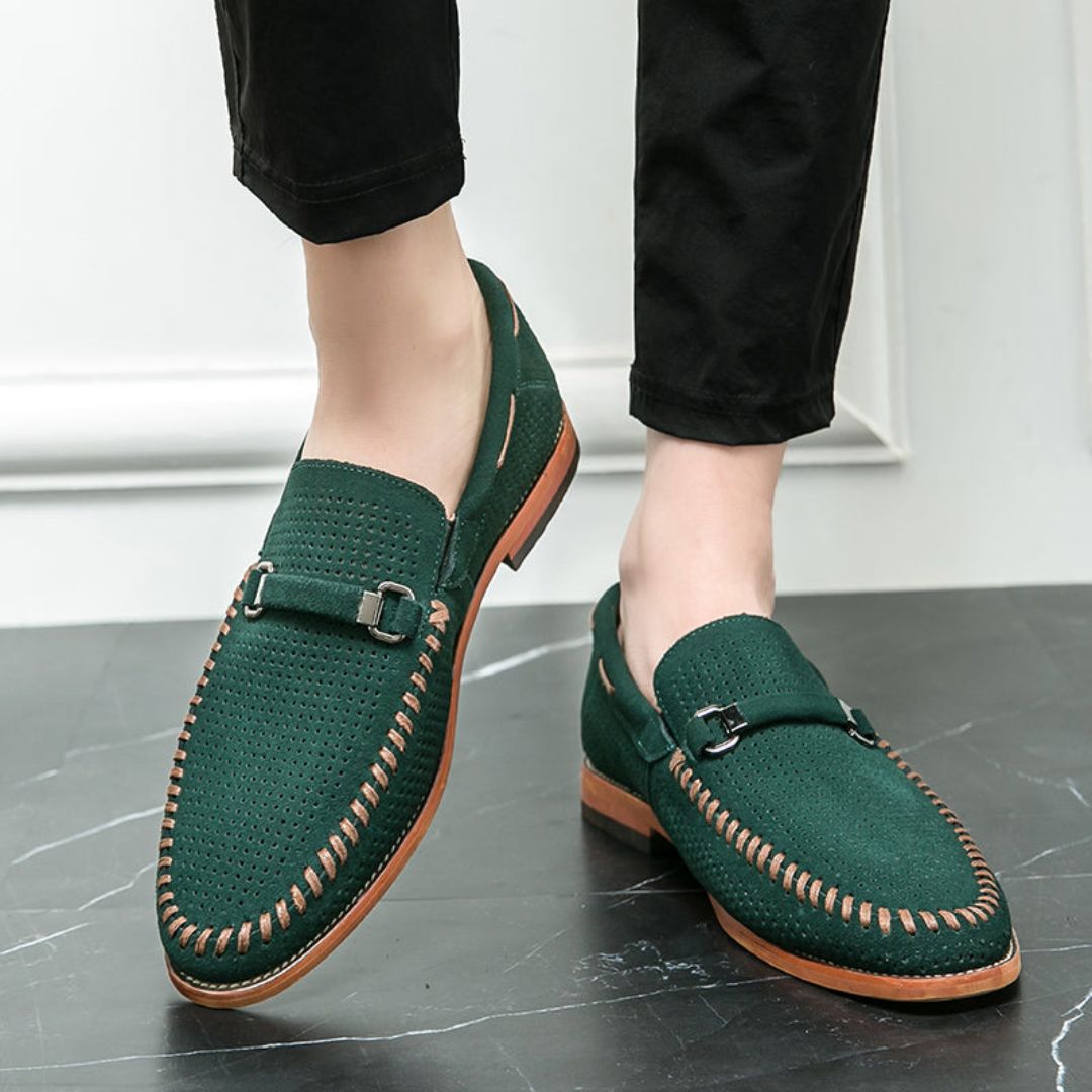 Men's Handstitched Suede Loafers With Metal Clasp