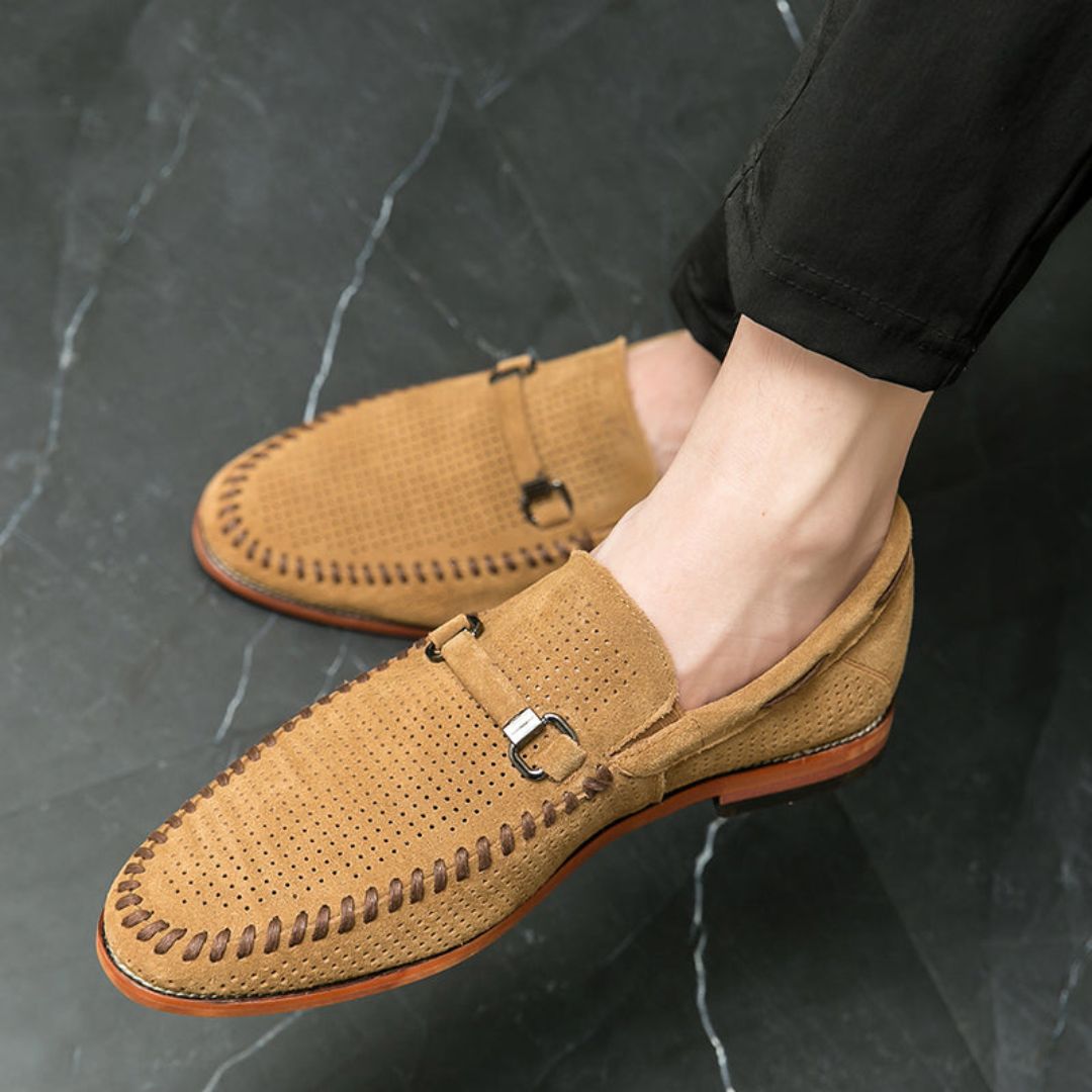 Men's Handstitched Suede Loafers With Metal Clasp
