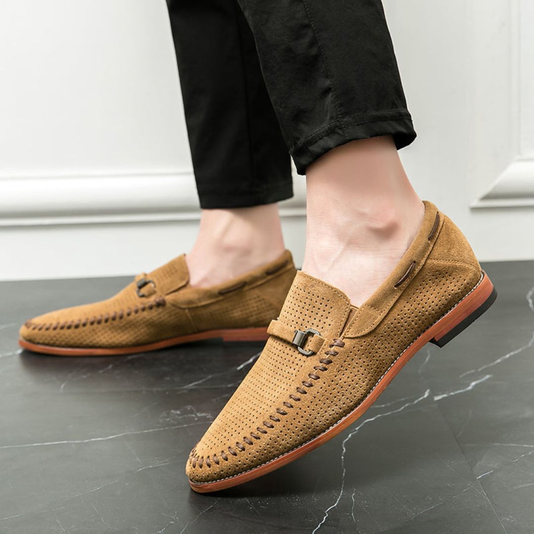 Men's Handstitched Suede Loafers With Metal Clasp