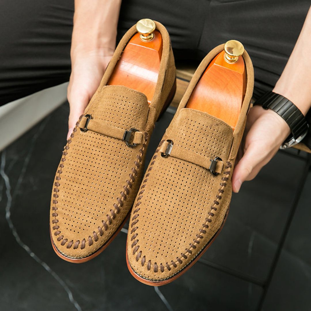 Men's Handstitched Suede Loafers With Metal Clasp