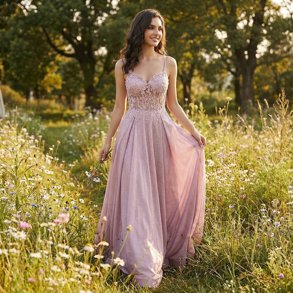 Grace | Women's Pink A-Line Maxi Dress With Lace Detail And Glitter Hem | Elegant