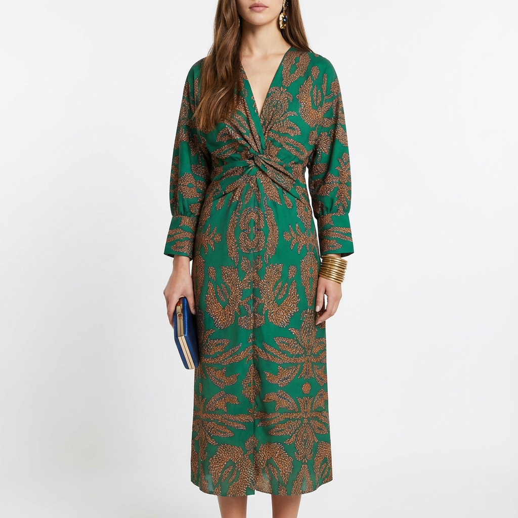 Grace | Women's Midi Dress With Deep V-Neck And Twist Front Detail | Elegant