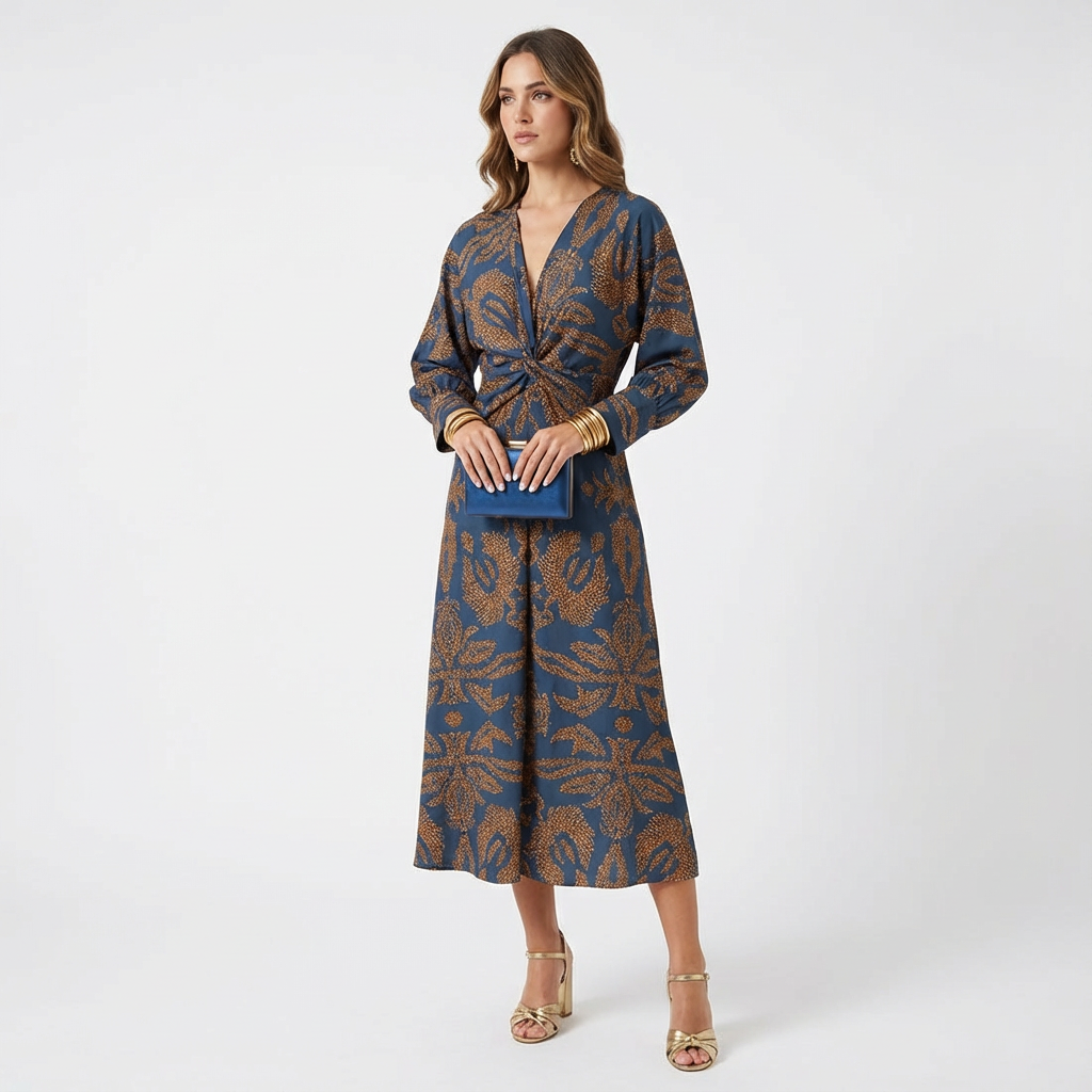 Grace | Women's Midi Dress With Deep V-Neck And Twist Front Detail | Elegant