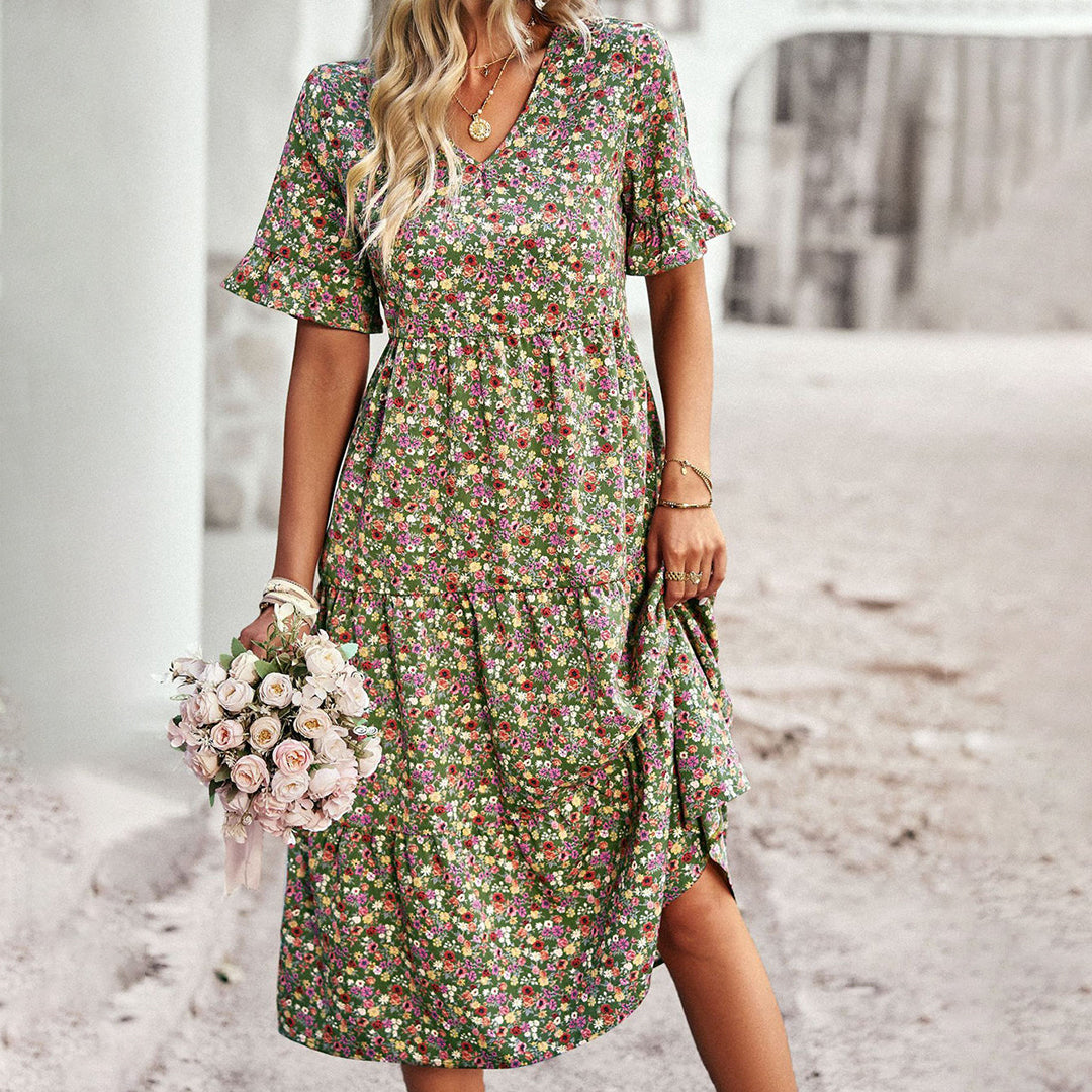 Women's Floral Midi Dress With V-neck & Short Sleeves