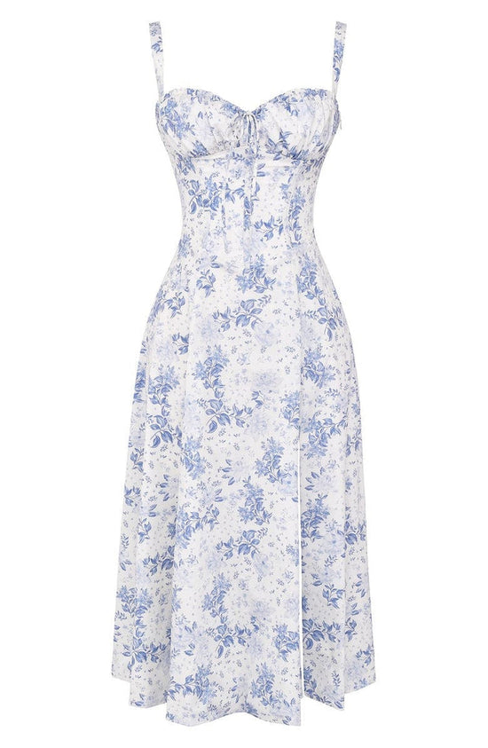 Women's Floral Sweetheart Neckline Summer Maxi Dress With Front Slit