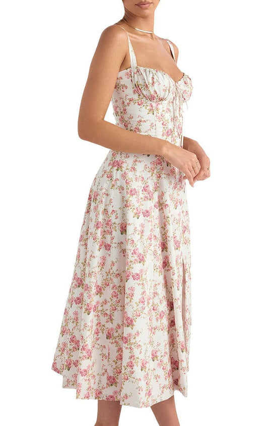 Women's Floral Sweetheart Neckline Summer Maxi Dress With Front Slit
