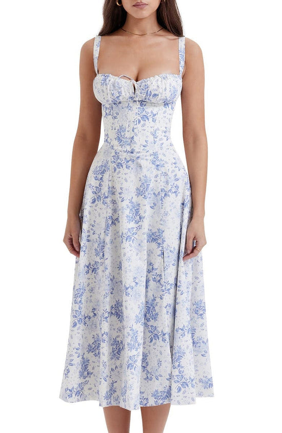 Women's Floral Sweetheart Neckline Summer Maxi Dress With Front Slit