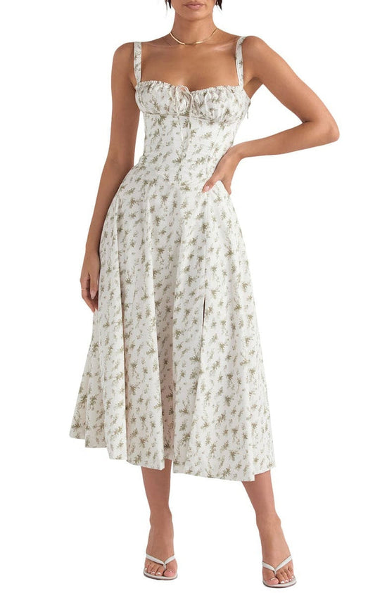 Women's Floral Sweetheart Neckline Summer Maxi Dress With Front Slit