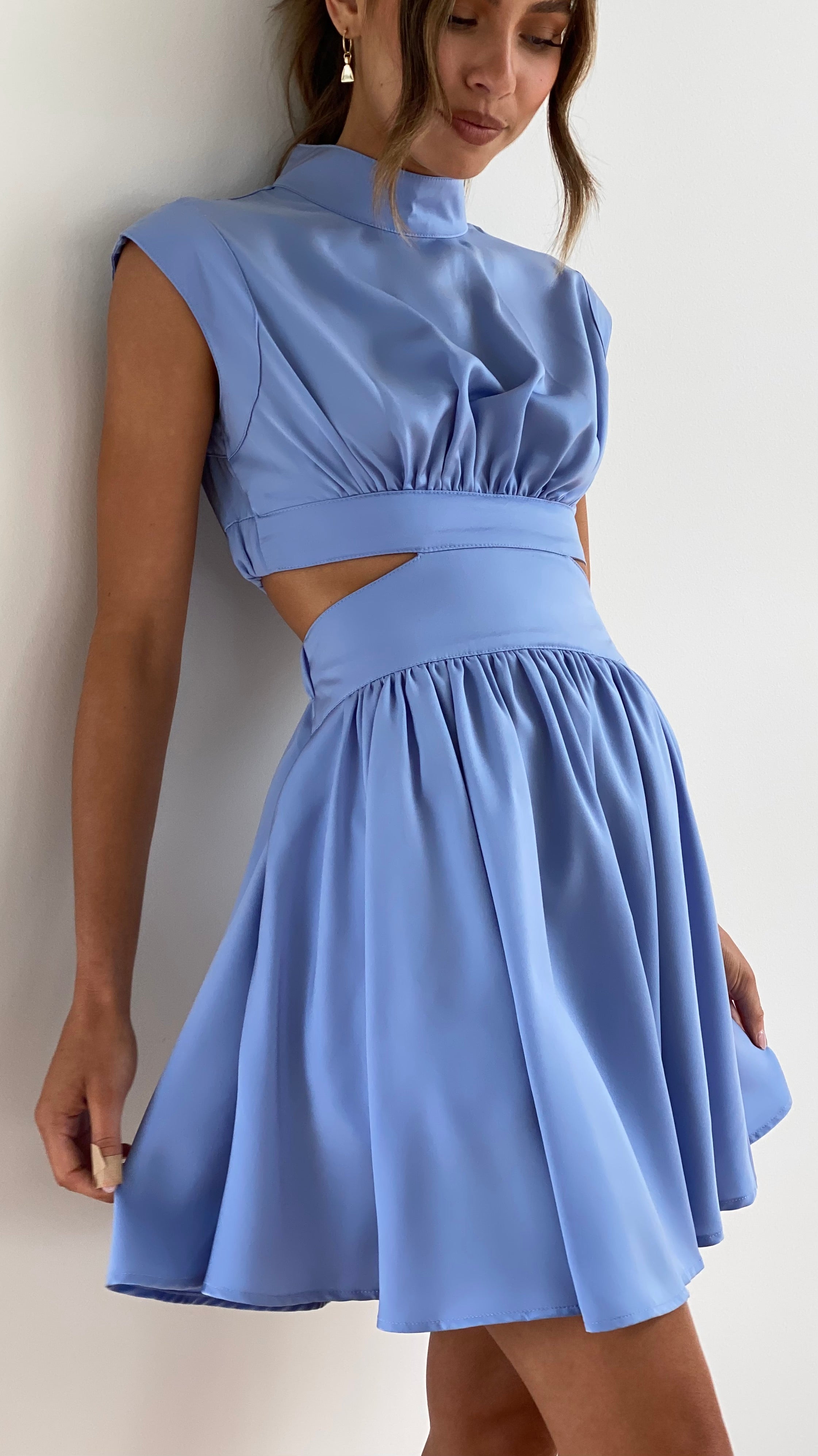 Women's Sleeveless Mini Dress With High Neck And Cutout Design