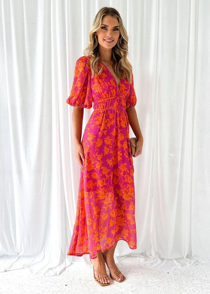 Women's Floral Midi Dress With V-neck & Puff Sleeves