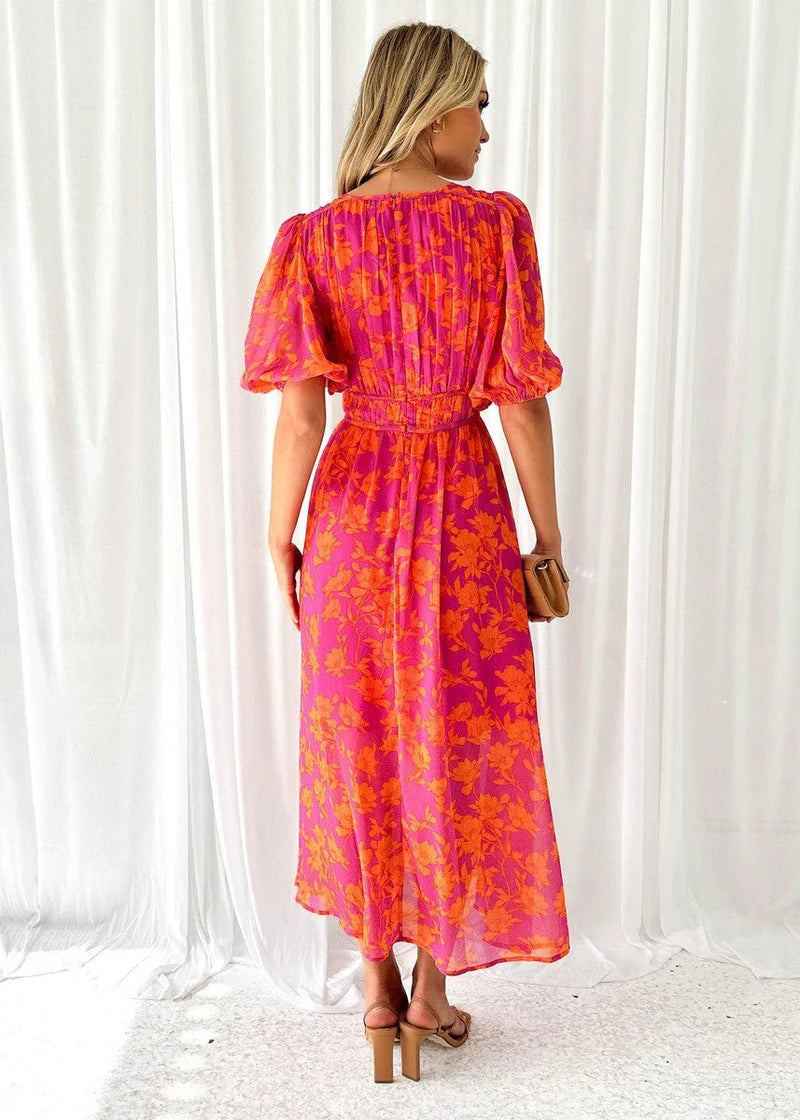 Women's Floral Midi Dress With V-neck & Puff Sleeves